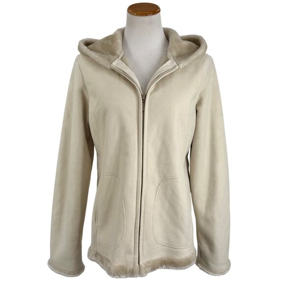 Vintage Y2K Esprit Cream Faux Suede Shearling Penny Lane Hooded Coat • Cozy Boho - Picture 2 of 16